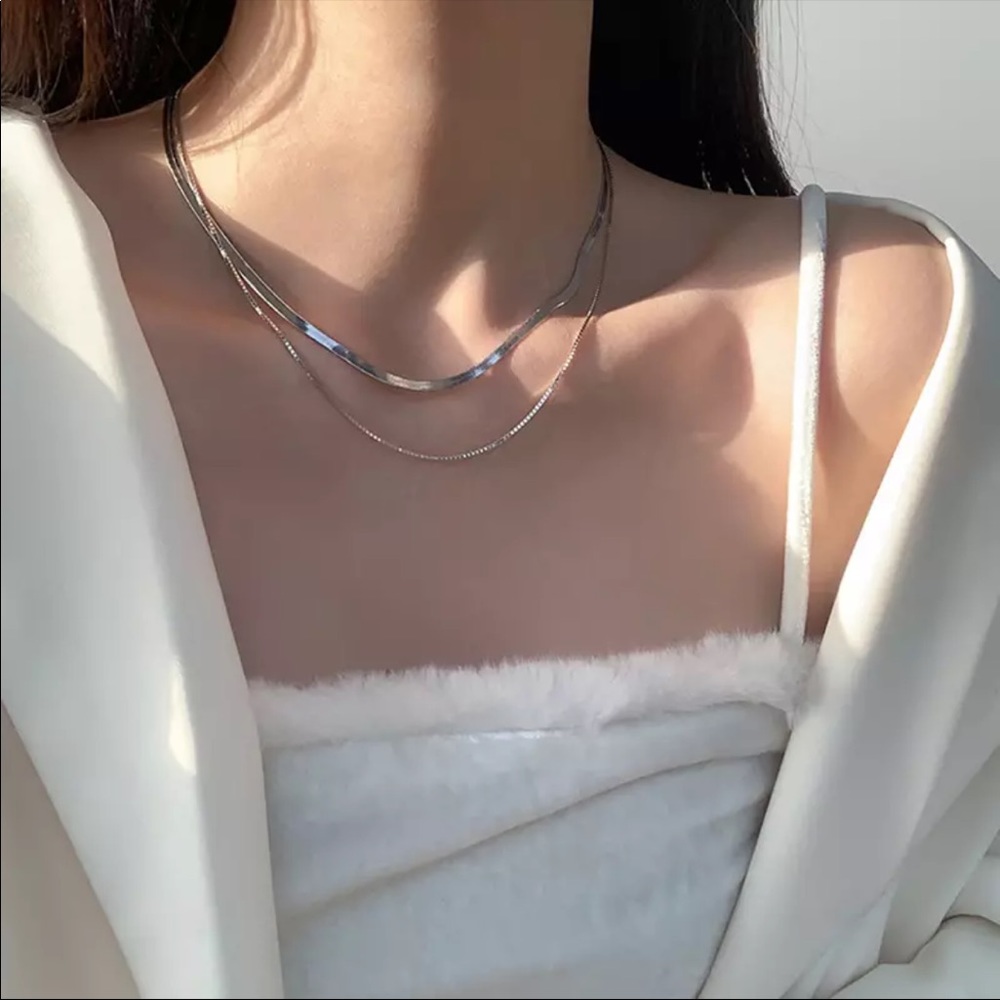 NEW 925 STERLING SILVER DOUBLE LAYER CHAIN NECKLACE, NICE NECKLACE,CUTE NECKLACE - Picture 2 of 4